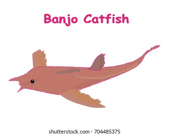 Fish vector cartoon illustration t shirt design for kids with saltwater animal banjo catfish theme wallpaper isolated on white background