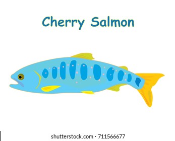 Fish vector cartoon illustration t shirt design for kids with aquatic animal cherry salmon fish isolated on white background, design for introduction of different types of fish for your child