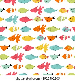 Fish vector cartoon seamless pattern on a white background.