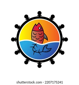 Fish vector design logo template isolated in wheel. Orange sunset cloudy ocean view. Seafood restaurant idea