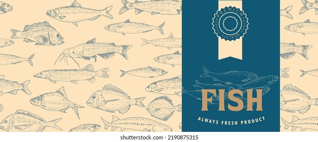 Fish vector design of packaging or label. Modern printed seafood background, vintage sketch of fish seamless pattern.