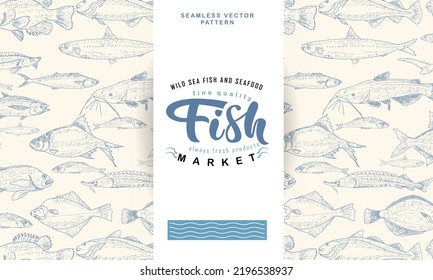 Fische Vektordesign von Verpackung oder Etikett. Moderne, bedruckte Meeresfrüchte-Hintergrund, Vintage-Skizze von Fischen nahtlos Muster.