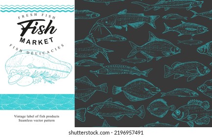 Fish vector design of packaging or label. Modern printed seafood background, vintage sketch of fish seamless pattern.