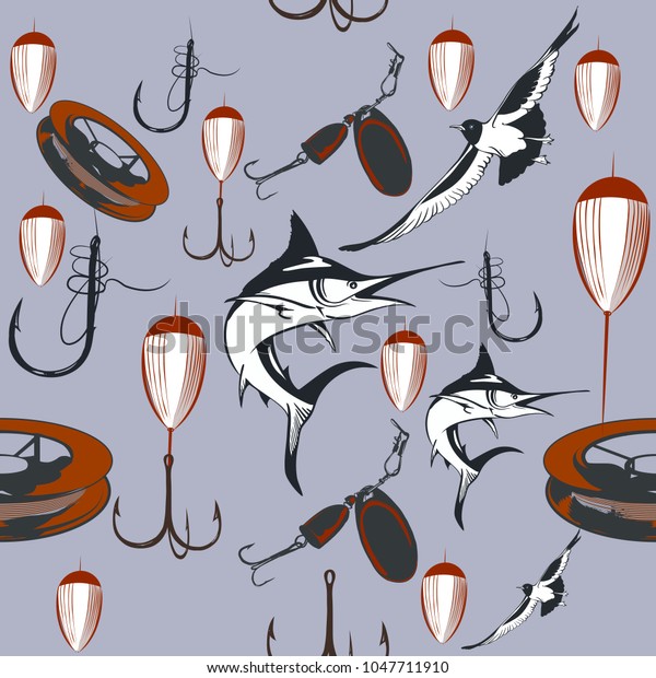 Fish vector hand drawn pattern with hooks, sea\
fishes and seagull