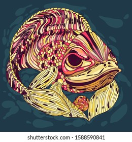 Fish. Vector hand-drawn fish illustration. In the fins holds a pearl.
Bright, colorful picture. Print for textiles. Symbol. Emblem.
Cartoon style. EPS-10