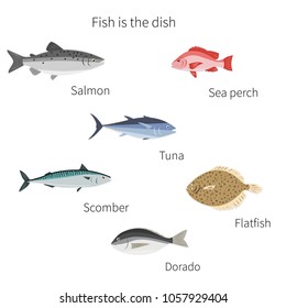 Fish vector icon set - six different fish on white background. Flat, simple, isolated.