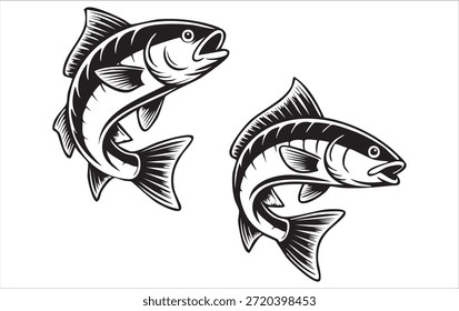 Iconos de vector de peces. Vector de pescado. Ilustración de peces. Ilustraciones vectoriales en blanco y negro de peces saltando