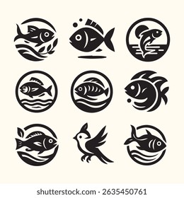 Fish vector icons set. Fishing symbols on white background

