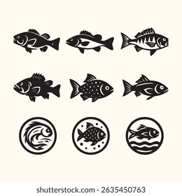 Fish vector icons set. Fishing symbols on white background
