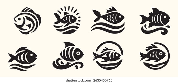 Fish vector icons set. Fishing symbols on white background
