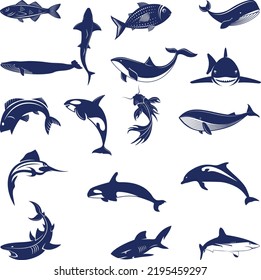 iconos vectoriales de peces establecidos en fondo blanco