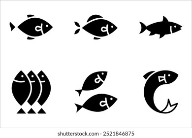 Ícones de vetor de peixe definidos. Ícones de peixe de contorno vetorial. Símbolos de pesca. Ícones de frutos do mar, ilustração vetorial em fundo branco