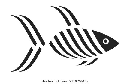 Ilustración vectorial de pescado aislado sobre fondo blanco. La vista lateral de animales marinos presenta un patrón lineal abstracto. Icono de pescado moderno para la marca marítima y de mariscos. Silueta de pescado negro estilizado.