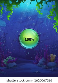 Fish vector illustration match 3 game charge screen. Bright background image to create original video or web games, graphic design, screen savers.