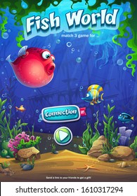 Fish vector illustration match 3 game playing field. Bright background image to create original video or web games, graphic design, screen savers.