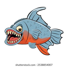 fish, vector illustration of a piranha fish with big sharp teeth in cartoon style. white background.