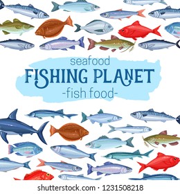 Fish, vector illustration. Seafood , cartoon salmon, anchovy, codfish, sea bass, ocean perch and sardine. Icon mackerel, herring, dorado tuna halibut tilapia and trout. Sea fishing template design