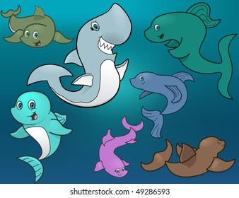 Fish - a vector illustration set of fish, porpoise, dolphins, and a shark