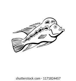 Fish, vector, with a large forehead. black outline, white background