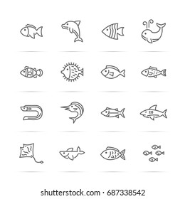 fish vector line icons, minimal pictogram design, editable stroke for any resolution