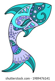 Fish - vector linear full color zentangle illustration - with sea animal. Template for stained glass, batik or coloring. Small fish painted with zentangles