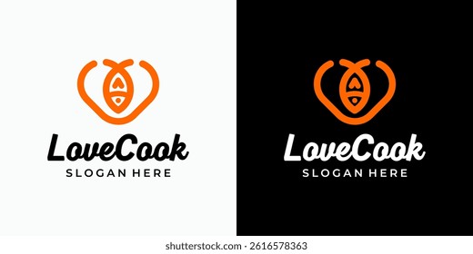 Fish vector logo design in heart shape with modern, simple, clean and abstract style. Icon for business, food and drink, kitchen and personal branding.