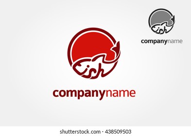 Fish Vector logo Template. Red round icon. Fish logo made from letters of fish.