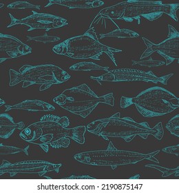 Fondo de mariscos vectoriales de pescado, boceto vintage de patrón sin costura.