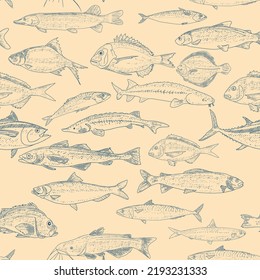 Fish vector seafood background, vintage sketch of fish seamless pattern.