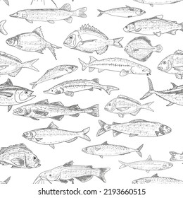 Fish vector seafood background, vintage sketch of fish seamless pattern.
