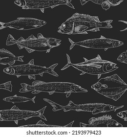 Fish vector seafood background, vintage sketch of fish seamless pattern.