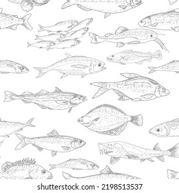 Fish vector seafood background, vintage sketch of fish seamless pattern.