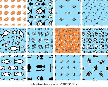 Fish vector seamless pattern or background. Fish background collection. Fish background set. Fish seamless background kit 