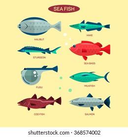 Fish vector set in flat style design. Ocean, sea and river fishes icons collection. Salmon, fugu, sea bass, sturgeon.