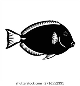 Fish vector silhouette black illustration. Marine life element for design. Black and white ocean or sea animal isolated on white background. Exotic fish side view.
