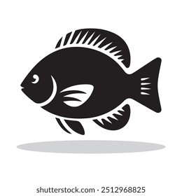 Fish vector silhouette illustration design isolated on white background. Minimalist Black Silhouette of fish, Logo type, Tee shirt design illustration vector.