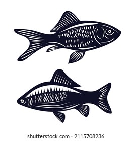 Siluetas vectoriales de peces de color negro sobre blanco. Conjunto de animales marinos en ilustración de estilo monocromo