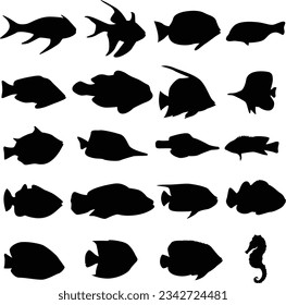 Colección de siluetas vectoriales de peces. Ilustración vectorial de peces tropicales