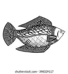 Fish vector zentangle. Undersea world zen tangle and doodle. Submersed coloring book. Subaqueous tattoo. Black and white subsurface.