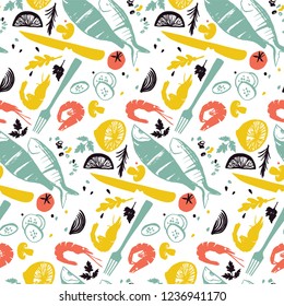 Fish and vegetable pattern with shrimps, tomato and silverware. Healthy lifestyle eating. Farmers market food in blue, red and yellow