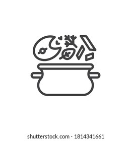Fish and vegetable soup line icon. linear style sign for mobile concept and web design. Fish soup recipe outline vector icon. Symbol, logo illustration. Vector graphics