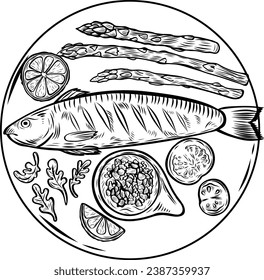 Fish and vegetables dish line drawing vector illustration.