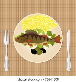 Fish and vegetables, graphic illustration of a light lunch