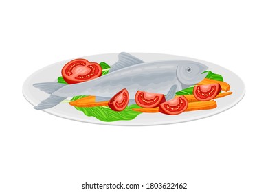 Fish with Vegetables and Greenery as Seafood Dish Vector Illustration