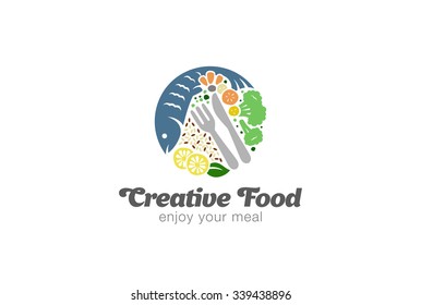 Fish And Vegetables On Plate Logo Design Vector Template. 
Circle Shape Diet Food Logotype Concept Icon.