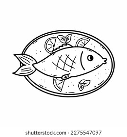 Fish with vegetables on platter. Restaurant or cafe menu. Vector doodle illustration. Sketch. Delicious food.