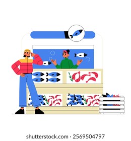 Fish Vendor And Customer At Market Stall In Flat Vector Illustration Symbolizing Seafood Trade, Fishing Industry, And Fresh Produce, Isolated On White Background