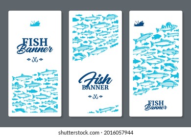 Fish vertical banner or flyer concept with fish illustrations and silhouettes on a background for fisheries, fishing, fish markets, packaging or advertising