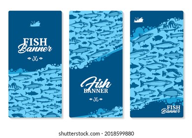 Fish vertical banner or flyer concept with fish illustrations and silhouettes on a background for fisheries, fishing, fish markets, packaging or advertising