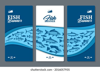 Fish vertical banner or flyer design concept with fish illustrations and silhouettes on a background